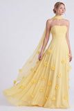 Vestido de dama de honor Daffodil Strapless Strapless A-Line Chiffon com flores 3D