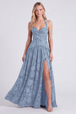 Espartilho Espresso Linha A com gola halter Renda floral, renda floral para trás, vestido longo de dama de honor com fenda