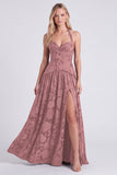 Espartilho Espresso Linha A com gola halter Renda floral, renda floral para trás, vestido longo de dama de honor com fenda