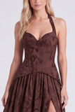 Espartilho Espresso Linha A com gola halter Renda floral, renda floral para trás, vestido longo de dama de honor com fenda