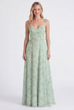 Vestido longo de dama de honor floral de chiffon sálvia A-Line