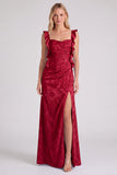 Vestido de dama de honor longo com alça floral Jacquard e abertura