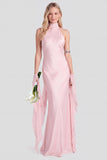 Vestido longo de dama de honor em cetim com gola alta cor-de-rosa