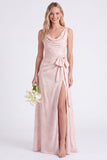 Vestido longo de dama de honor com decote em forma de flor cor-de-cabeça e linha A