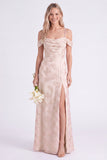 Vestido de dama de honor rosa floral franzido com renda em A, renda para trás, longo vestido de dama de honor com fenda