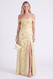 Vestido de dama de honor rosa floral franzido com renda em A, renda para trás, longo vestido de dama de honor com fenda