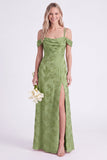Vestido de dama de honor rosa floral franzido com renda em A, renda para trás, longo vestido de dama de honor com fenda