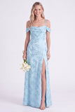 Vestido de dama de honor rosa floral franzido com renda em A, renda para trás, longo vestido de dama de honor com fenda