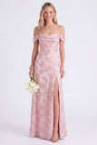 Vestido de dama de honor rosa floral franzido com renda em A, renda para trás, longo vestido de dama de honor com fenda