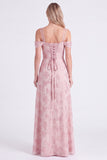 Vestido de dama de honor rosa floral franzido com renda em A, renda para trás, longo vestido de dama de honor com fenda