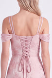 Vestido de dama de honor rosa floral franzido com renda em A, renda para trás, longo vestido de dama de honor com fenda
