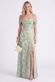 Vestido de dama de honor rosa floral franzido com renda em A, renda para trás, longo vestido de dama de honor com fenda