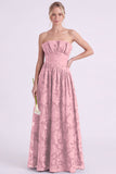 Vestido longo de dama de honor floral A-Line Espresso sem alças com folhos