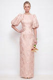 Blush Pink Bodycon Bodycon de Mangas Redondas Florais Bufantes Vestido Longo com Fenda