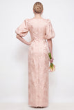 Blush Pink Bodycon Bodycon de Mangas Redondas Florais Bufantes Vestido Longo com Fenda