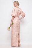 Blush Pink Bodycon Bodycon de Mangas Redondas Florais Bufantes Vestido Longo com Fenda