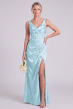 Vestido de dama de honor verde sereia, espartilho floral decote em V, franzido, longo e com fenda