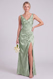 Vestido de dama de honor verde sereia, espartilho floral decote em V, franzido, longo e com fenda