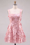 Vestido Curto de Regresso a Casa Corredor Cor-decote Cor-decote Cor-de-Linha Quadrada Cor-de-Rosa Floral com Aplicações