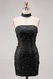 Vestido Curto de Homecoming com Lantejoulas Dourado Sem Alças Bodycon, Com Renda nas Costas