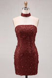 Vestido Curto de Homecoming com Lantejoulas Dourado Sem Alças Bodycon, Com Renda nas Costas