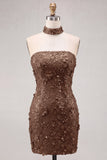 Vestido Curto de Homecoming com Lantejoulas Dourado Sem Alças Bodycon, Com Renda nas Costas