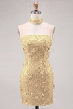 Vestido Curto de Homecoming com Lantejoulas Dourado Sem Alças Bodycon, Com Renda nas Costas