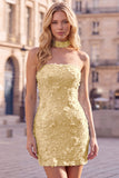 Vestido Curto de Homecoming com Lantejoulas Dourado Sem Alças Bodycon, Com Renda nas Costas