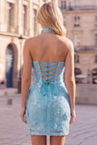 Vestido Curto de Homecoming com Lantejoulas Dourado Sem Alças Bodycon, Com Renda nas Costas