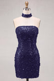 Vestido Curto de Homecoming com Lantejoulas Dourado Sem Alças Bodycon, Com Renda nas Costas
