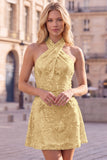 Vestido curto de regresso a casa azul com decote halter e linhas florais, com lantejoulas