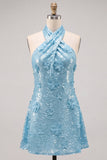 Vestido curto de regresso a casa azul com decote halter e linhas florais, com lantejoulas