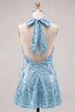 Vestido curto de regresso a casa azul com decote halter e linhas florais, com lantejoulas