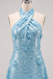 Vestido curto de regresso a casa azul com decote halter e linhas florais, com lantejoulas