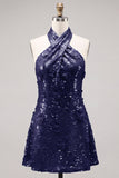 Vestido curto de regresso a casa azul com decote halter e linhas florais, com lantejoulas