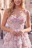 Vestido curto de regresso a casa, Espartilho com folhos lilás, Linha A