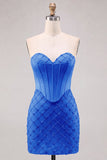 Espartilho Azul, Bodycon com Missangas, Vestido Curto de Finalistas