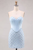 Espartilho Azul, Bodycon com Missangas, Vestido Curto de Finalistas