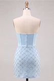 Espartilho Azul, Bodycon com Missangas, Vestido Curto de Finalistas