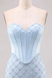 Espartilho Azul, Bodycon com Missangas, Vestido Curto de Finalistas