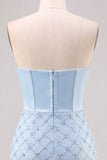 Espartilho Azul, Bodycon com Missangas, Vestido Curto de Finalistas