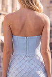 Espartilho Azul, Bodycon com Missangas, Vestido Curto de Finalistas