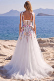 Vestido de Noiva Longo Corset Branco Floral Linha A em Tule com Aplicações