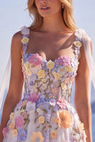 Vestido de Noiva Longo Corset Branco Floral Linha A em Tule com Aplicações