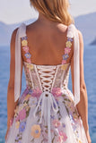 Vestido de Noiva Longo Corset Branco Floral Linha A em Tule com Aplicações