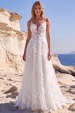 Vestido de Noiva Longo Corset Floral Aplicado em Tule A-Line Branco