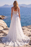 Vestido de Noiva Longo Corset Floral Aplicado em Tule A-Line Branco