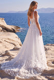 Vestido de Noiva Longo Corset Floral Aplicado em Tule A-Line Branco