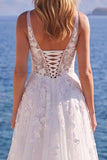 Vestido de Noiva Longo Corset Floral Aplicado em Tule A-Line Branco