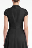 Vestido Preto em V, decote em V, com aplicações, vestido Mãe da Noiva com mangas curtas